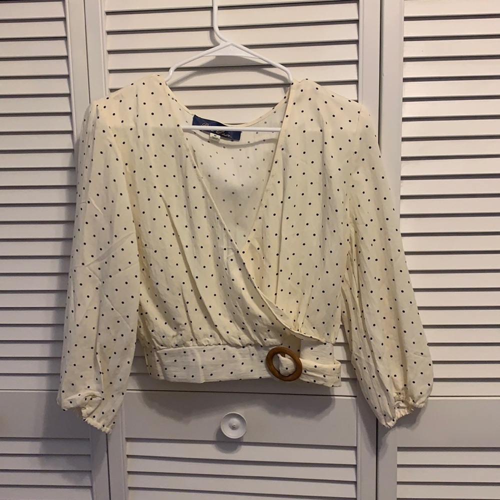 Cropped wrap blouse, polka dot detail
